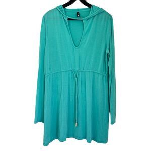 Trina Turk Recreation Teal Hooded Tunic Top Size Large